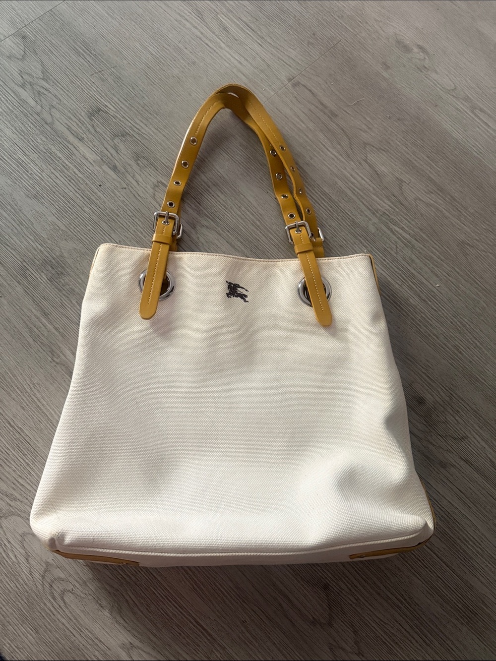 Burberry Blue Label Cream Tote with Mustard Yellow Handles